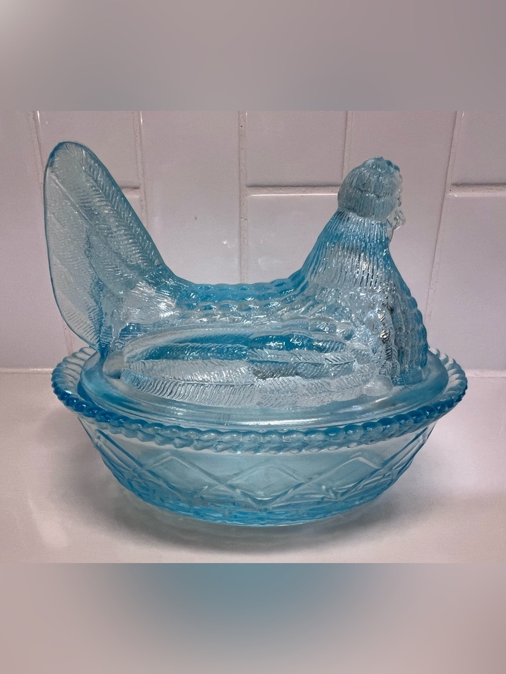 Vintage Westmoreland Hen On Nest Covered Glass Dish Cornflower Light Blue - Picture 5 of 12